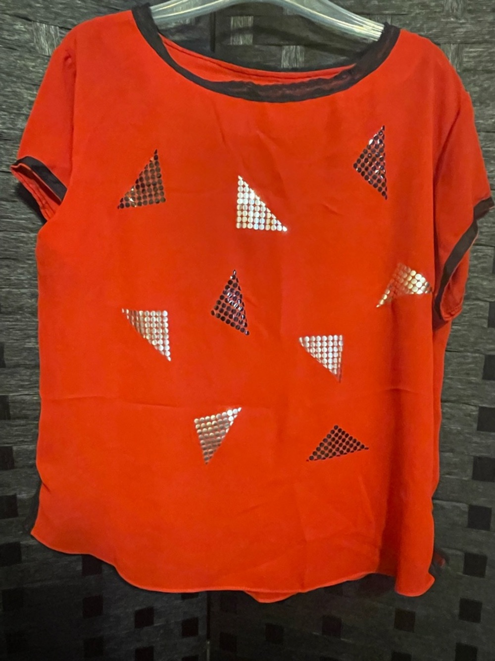 Vintage Jon Woods Shirt New York Red Black Lace 70's Sheer Womens Top Classic